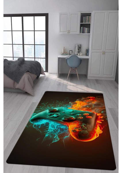 Kaymaz Taban Makinada Yıkanabilir Dijital Baskı Gaming Konsol Desenli Genç Odası Halısı Dot Taban Halı