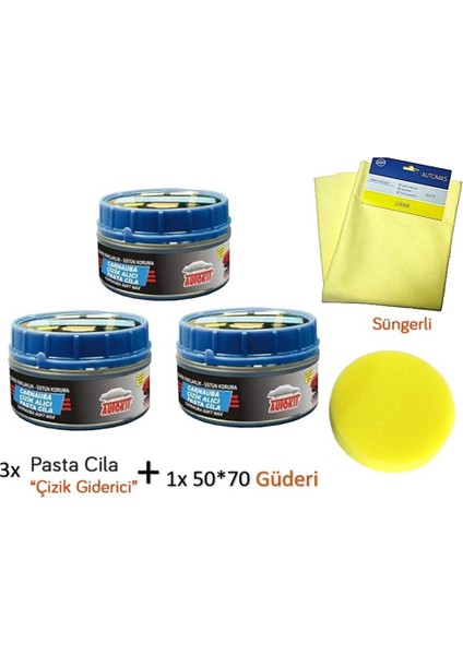 3x Çizik Giderici Parlatıcı Pasta Cila (Süngerli) + 1x Mikrofiber Güderi Kurulama Bezi 50X70