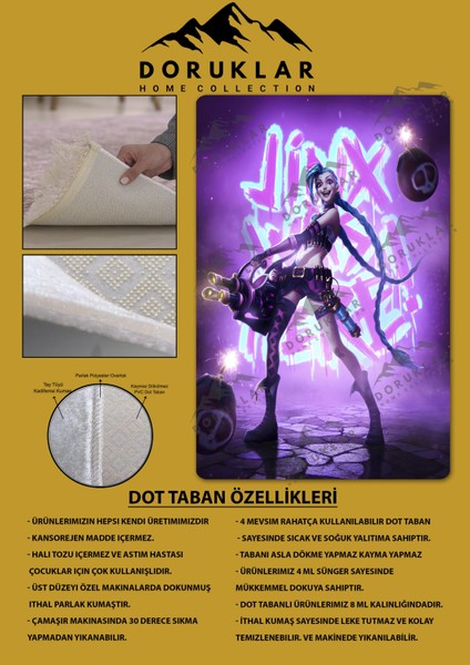 Kaymaz Taban Makinada Yıkanabilir Dijital Baskı Arcane Jin x Desenli Genç Odası Halısı Dot Taban Halı