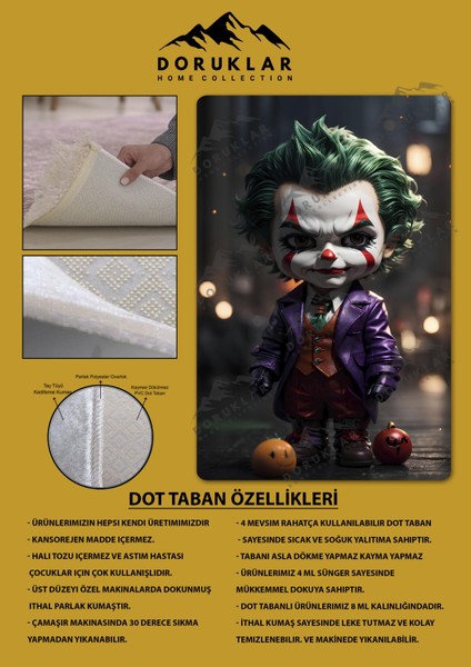 Kaymaz Taban Makinada Yıkanabilir Dijital Baskı Baby Joker Desenli Genç ve Çocuk Odası Halısı Dot Taban Hal