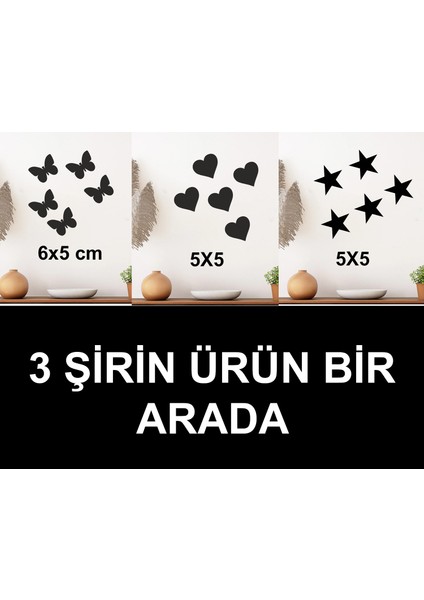 Üç Şirin Ahşap Mdf Dekorasyon Ürünü Bir Arada Kelebek , Kalp ve Yıldız (5+5+5) 15 Parça Set