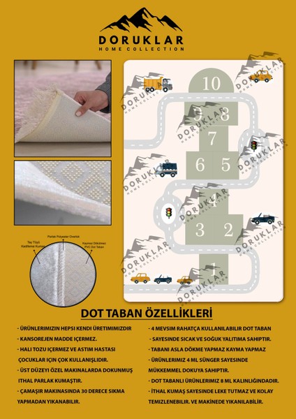 Kaymaz Taban Makinada Yıkanabilir Yol Araba ve Seksek Desenli Çocuk Halısı