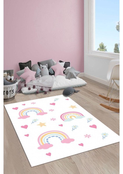 Kaymaz Taban Makinada Yıkanabilir Gökkuşağı Bulut Desenli Çocuk Halısı