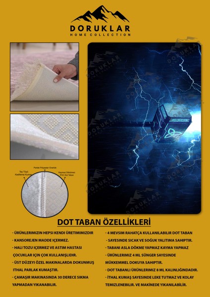 Kaymaz Taban Makinada Yıkanabilir Dijital Baskı Mjolnir Desenli Çocuk Halısı fiyatları