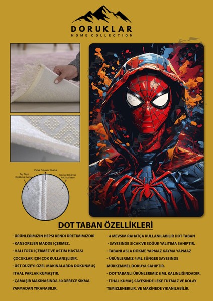 Kaymaz Taban Makinada Yıkanabilir Dijital Baskı Spiderman Desenli Genç ve Çocuk Odası Halısı Dot Taban Halı