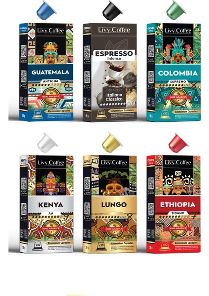 Livy Coffee Alüminyum Nespresso® Uyumlu Kapsül Kahve Karma Set 6 Lı 60 Kapsül