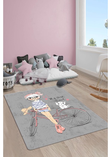 Kaymaz Taban Yıkanabilir Kız ve Kedi Desenli Çocuk Halısı