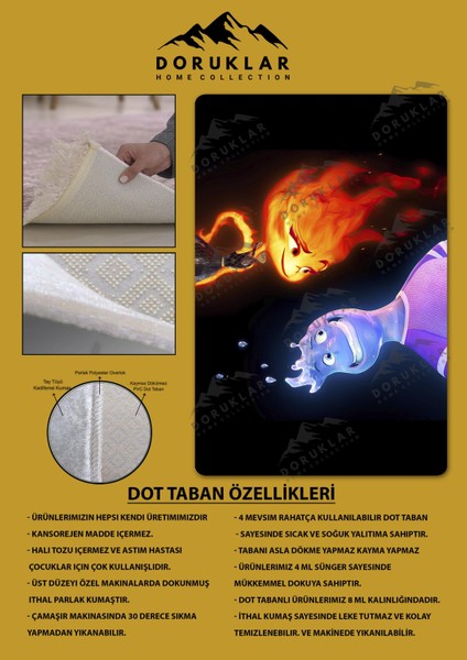 Kaymaz Taban Makinada Yıkanabilir Dijital Baskı Ateş ve Su Karakter Desenli Genç Odası Halısı Dot Taban Halı