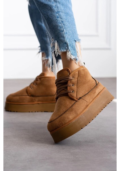 Günlük Kadın Bot Kalın Yüksek Taban Bağcıklı Kürklü Astarlı Oval Burunlu Rahat Bootie U15