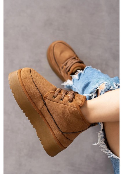 Günlük Kadın Bot Kalın Yüksek Taban Bağcıklı Kürklü Astarlı Oval Burunlu Rahat Bootie U15 modelleri