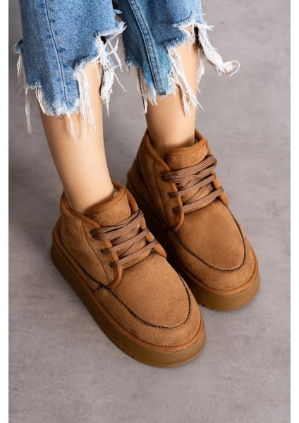 Günlük Kadın Bot Kalın Yüksek Taban Bağcıklı Kürklü Astarlı Oval Burunlu Rahat Bootie U15 fırsatları