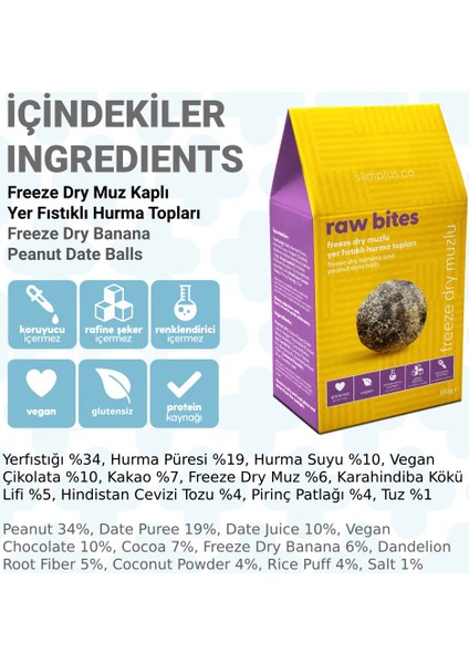 Freeze Dry Muz Kaplı Glutensiz Vegan Yerfıstıklı Hurma Topları Raw Bites 100 gr