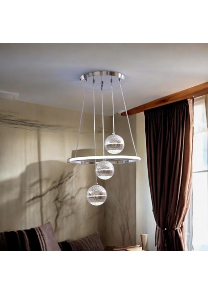 KRAYDINLATMA Round Gold&gümüş 3 Lü 3 Renk Ledli Lüks Modern Sarkık Tekli Avize