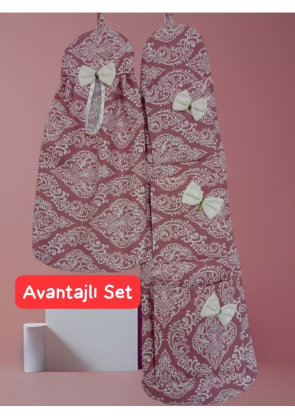 Pembe Varak Desenli Avantajlı Düzenleyici Set (Içerik: 3 Gözlü Çok Amaçlı Duvar Cebi + Poşetlik)