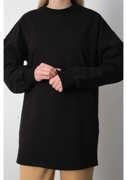 Kadın Siyah Bisiklet Yaka Yırtmaç Detaylı Balon Kol 2 İplik Sweatshirt fiyatları