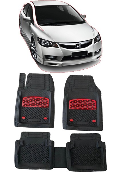 Honda Civic Fd6 2006-2011 Araca Uyumlu Krom Kırmızı Derin Havuzlu Siyah Oto Paspas Takımı