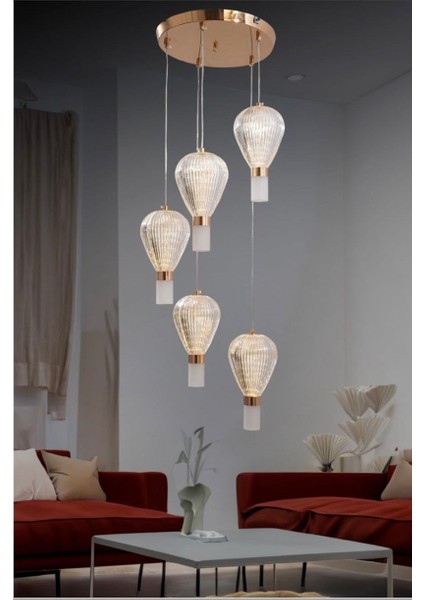KRAYDINLATMA Bubble 5 Li 3 Renk Ledli Lüks Modern Sarkık Tekli Avize