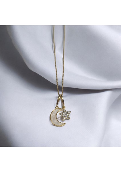 Gold Sedefli Ay Taşlı Yıldız Çelik Kolye