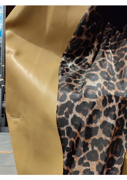 MODAYİĞİT Camel Rengi Leopar Astarlı Kadın Deri Şık Blazer Ceket