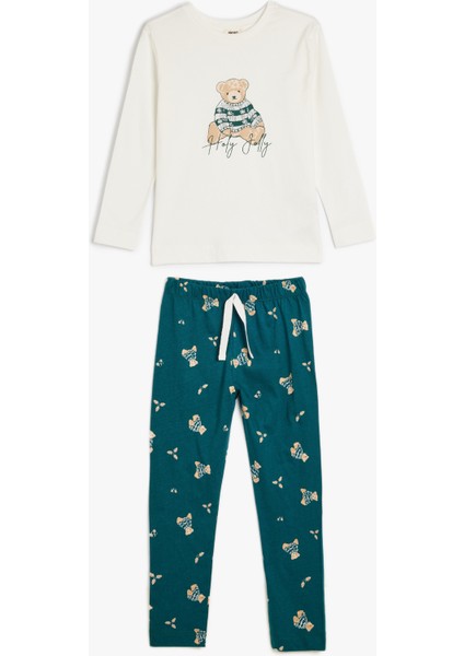 Ayıcık Desenli Uzun Kollu Pamuklu Pijama Takımı