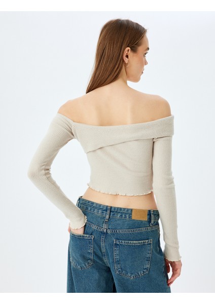 Omzu Açık Madonna Yaka Slim Fit Crop Uzun Kollu Tişört