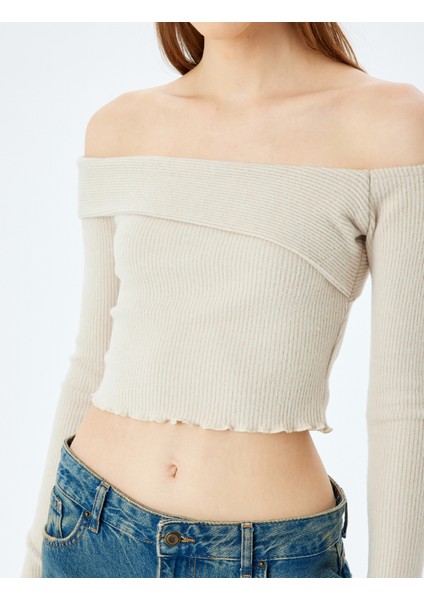 Omzu Açık Madonna Yaka Slim Fit Crop Uzun Kollu Tişört