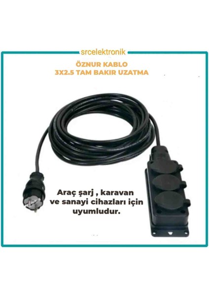 3 Lü Monofaze Uzatma (18-40 Metre Arası )3x2.5 % Yüz Tam Bakır Seyyar Kablo (Arac Şarjı -Karavan ve Sanayi Cihazları Uyumlu)