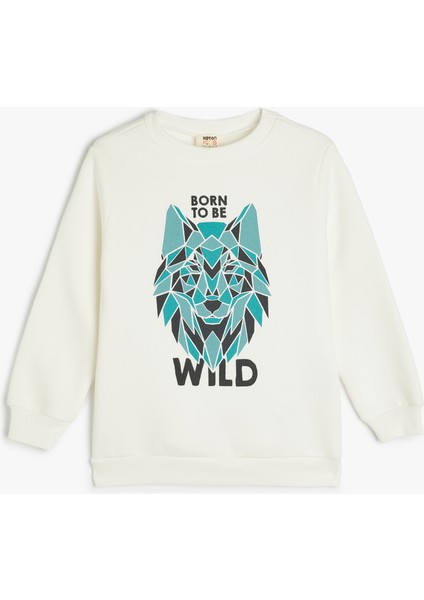 Kurt Baskılı Bisiklet Yaka Uzun Kollu Sweatshirt