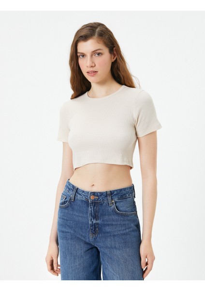 Basic Crop Tişört Ribanalı Kısa Kollu Bisiklet Yaka Slim Fit