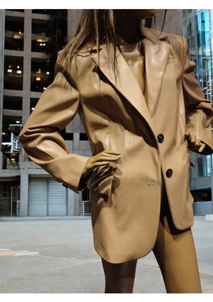 MODAYİĞİT Camel Rengi Leopar Astarlı Kadın Deri Şık Blazer Ceket