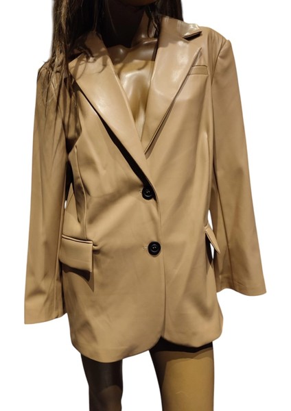 MODAYİĞİT Camel Rengi Leopar Astarlı Kadın Deri Şık Blazer Ceket