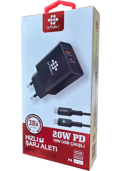 38W Pd + USB + C-C Kablo Şarj Aleti Arbaks ARB-015-T