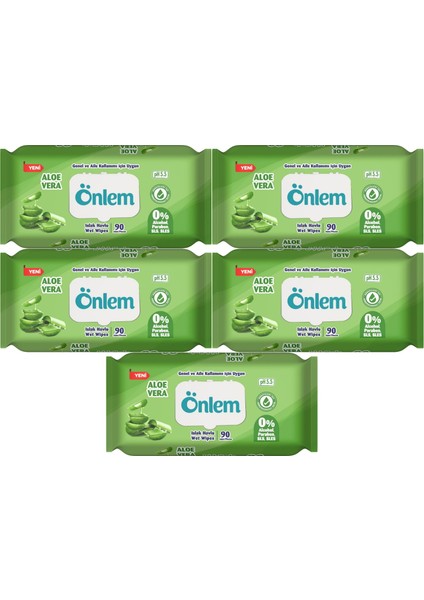 Islak Havlu Mendil 90 Yaprak Aloe Vera Plastik Kapaklı (5 Li Set) (450 Yaprak)