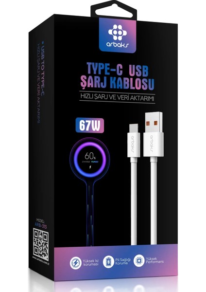 Turbo Kablo Saniye Göstergeli Max 67W Mi 6A Type-C ARB-313
