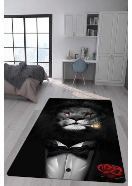 Kaymaz Taban Makinada Yıkanabilir Dijital Baskı Aslan Desenli Genç Odası Halısı