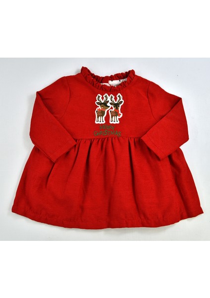 Kız Çocuk Kız Bebek Noel Yılbaşı Yeni Yıl Elbise Kırmızı Geyik Baskılı