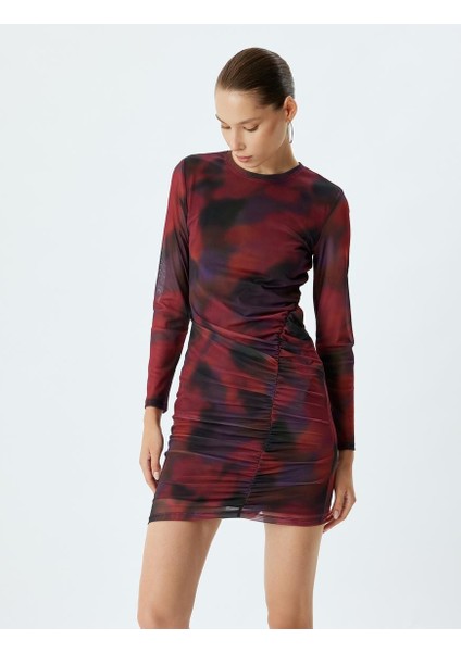 Tül Elbise Mini Drapeli Batik Desenli Bisiklet Yaka Uzun Kollu Slim Fit fiyatları