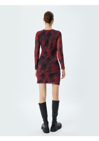Tül Elbise Mini Drapeli Batik Desenli Bisiklet Yaka Uzun Kollu Slim Fit fırsatları