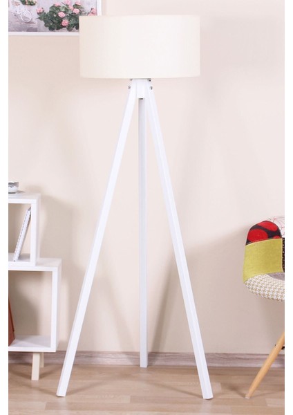 3 Ayaklı Dekoratif Lambader Tripod Yuvarlak Krem Başlık Beyaz Ayak