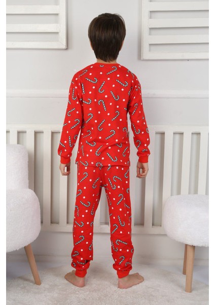 Unisex Baston Şeker Desenli Çocuk Yılbaşı Pijama Takımı