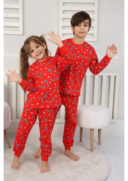 Unisex Baston Şeker Desenli Çocuk Yılbaşı Pijama Takımı