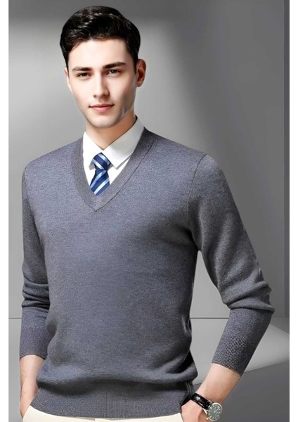 Erkek V Yaka Uzun Kol Triko Tüylenmez Süveter Erkek Slim Fit Süveter fırsatları