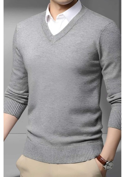 Erkek V Yaka Uzun Kol Triko Tüylenmez Süveter Erkek Slim Fit Süveter fırsatları