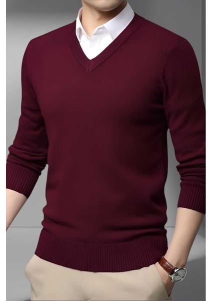 Erkek V Yaka Uzun Kol Triko Tüylenmez Süveter Erkek Slim Fit Süveter fırsatları