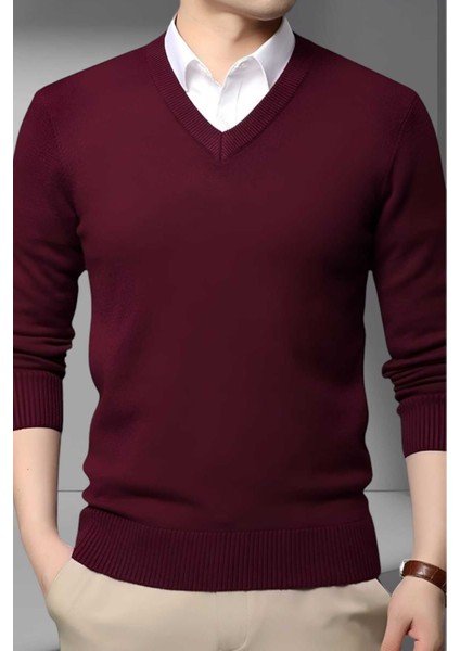 Erkek V Yaka Uzun Kol Triko Tüylenmez Süveter Erkek Slim Fit Süveter modelleri