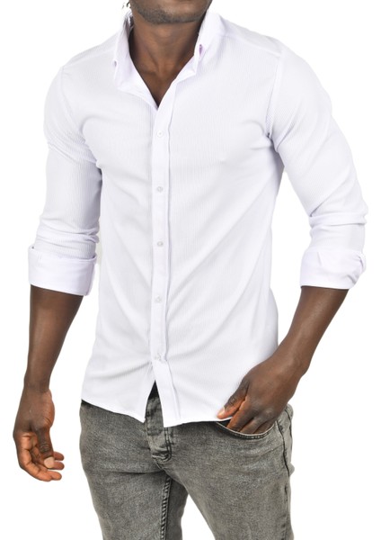 Likralı Kumaşı Fitilli Slim Fit Uzun Kollu Gömlek 2500805 fiyatları