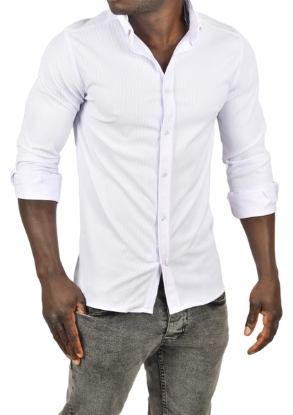 Likralı Kumaşı Fitilli Slim Fit Uzun Kollu Gömlek 2500805