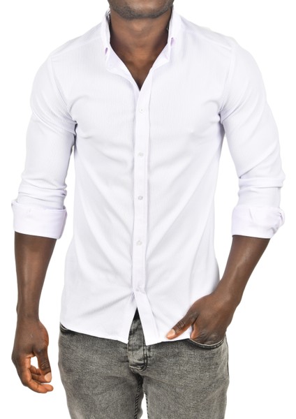 Likralı Kumaşı Fitilli Slim Fit Uzun Kollu Gömlek 2500805