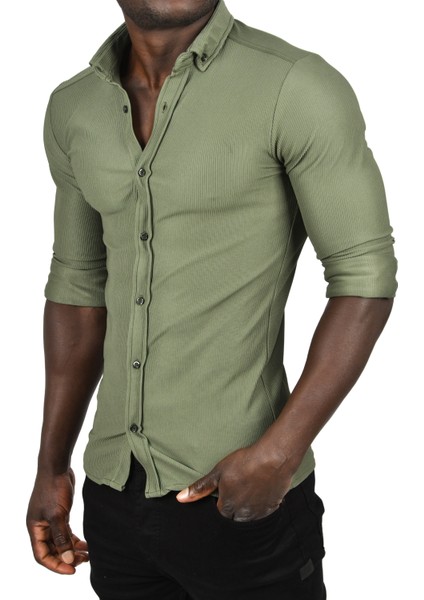 Likralı Kumaşı Fitilli Slim Fit Uzun Kollu Gömlek 2500805