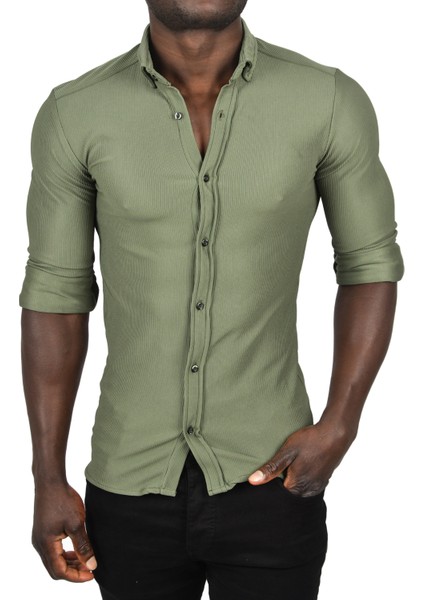 Likralı Kumaşı Fitilli Slim Fit Uzun Kollu Gömlek 2500805